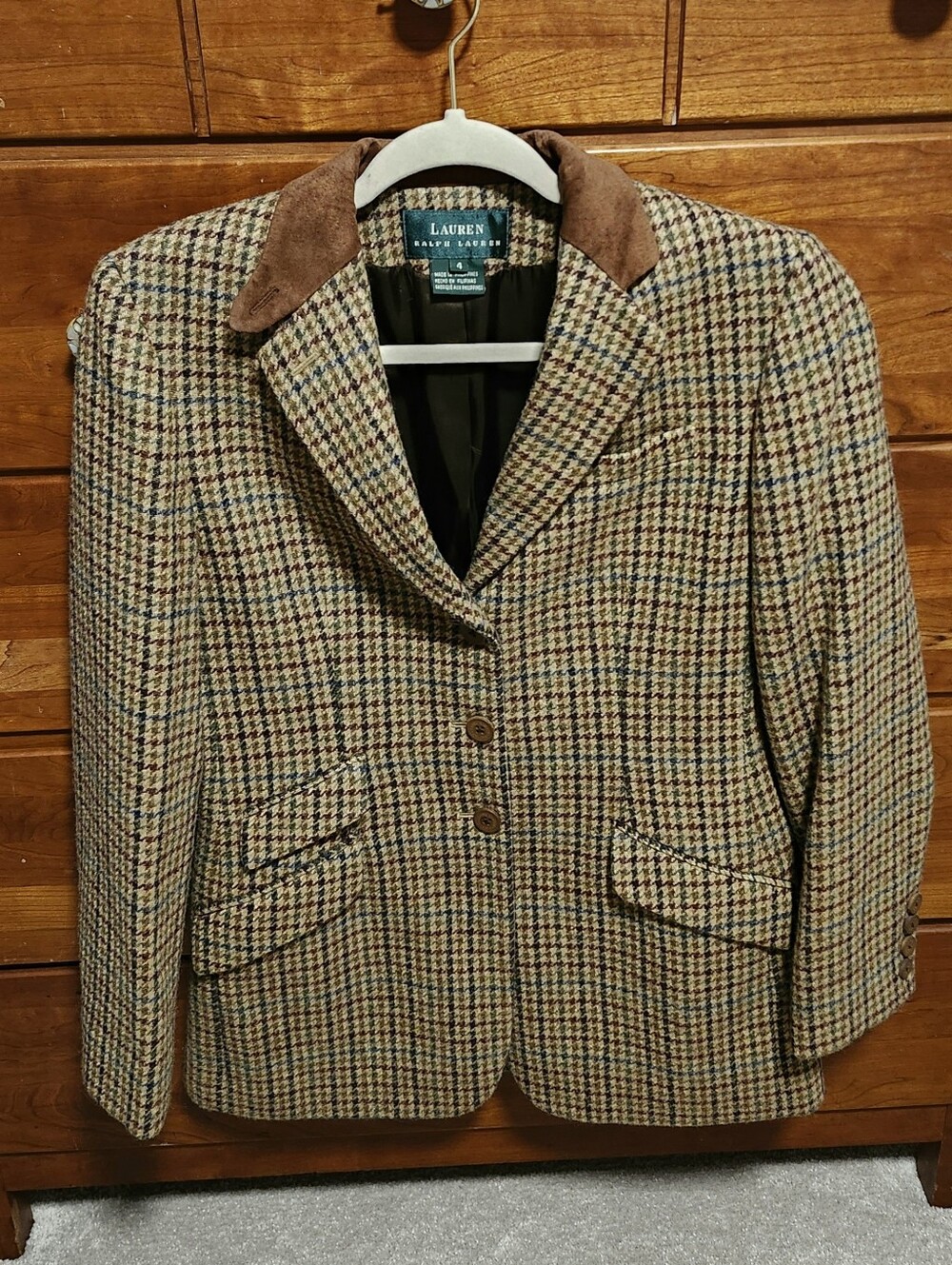 Lauren Ralph Lauren Houndstooth Wool Tweed Blazer Suede Collar Size 4 Vintage⁹